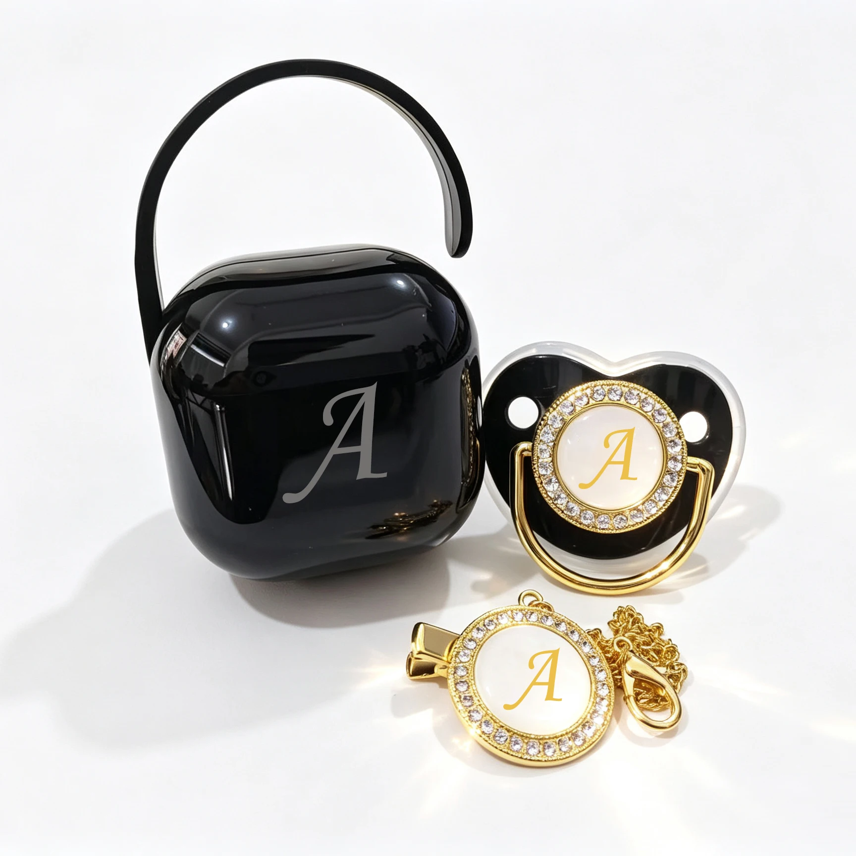 Black Soothing Pacifier with Letters Baby Comforter Set Includes Pacifier Holder Box