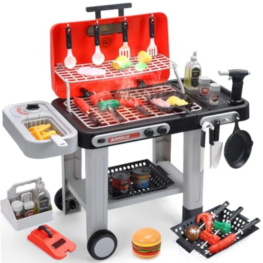 

BBQ Grill Toys for pretend cooking: stainless steel grill surface, red and black color scheme, color-changing play food with si