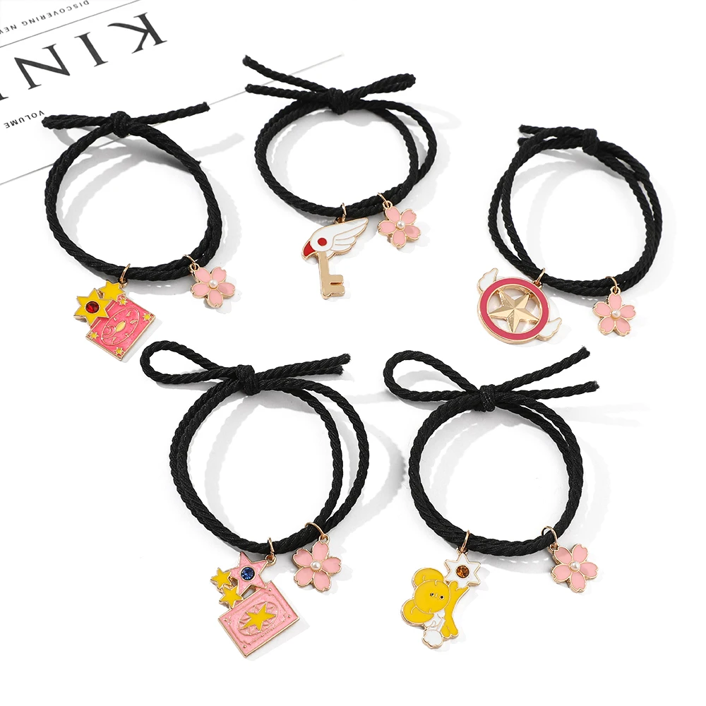 Anime Card Captor Sakura Hair Pins Cute Cartoon Figure KINOMOTO SAKURA Enamel Pendnat Hair Rope Simple Rubber Band Headdress