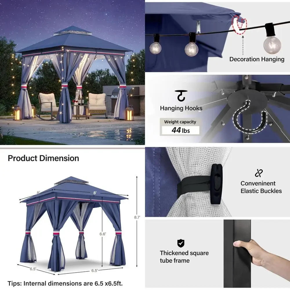 

Heavy-Duty Outdoor Patio Gazebo 8x8 Feet with Expansion Bolts, Double Roof Shelter for Parties, Mosquito Protection, Ideal for B