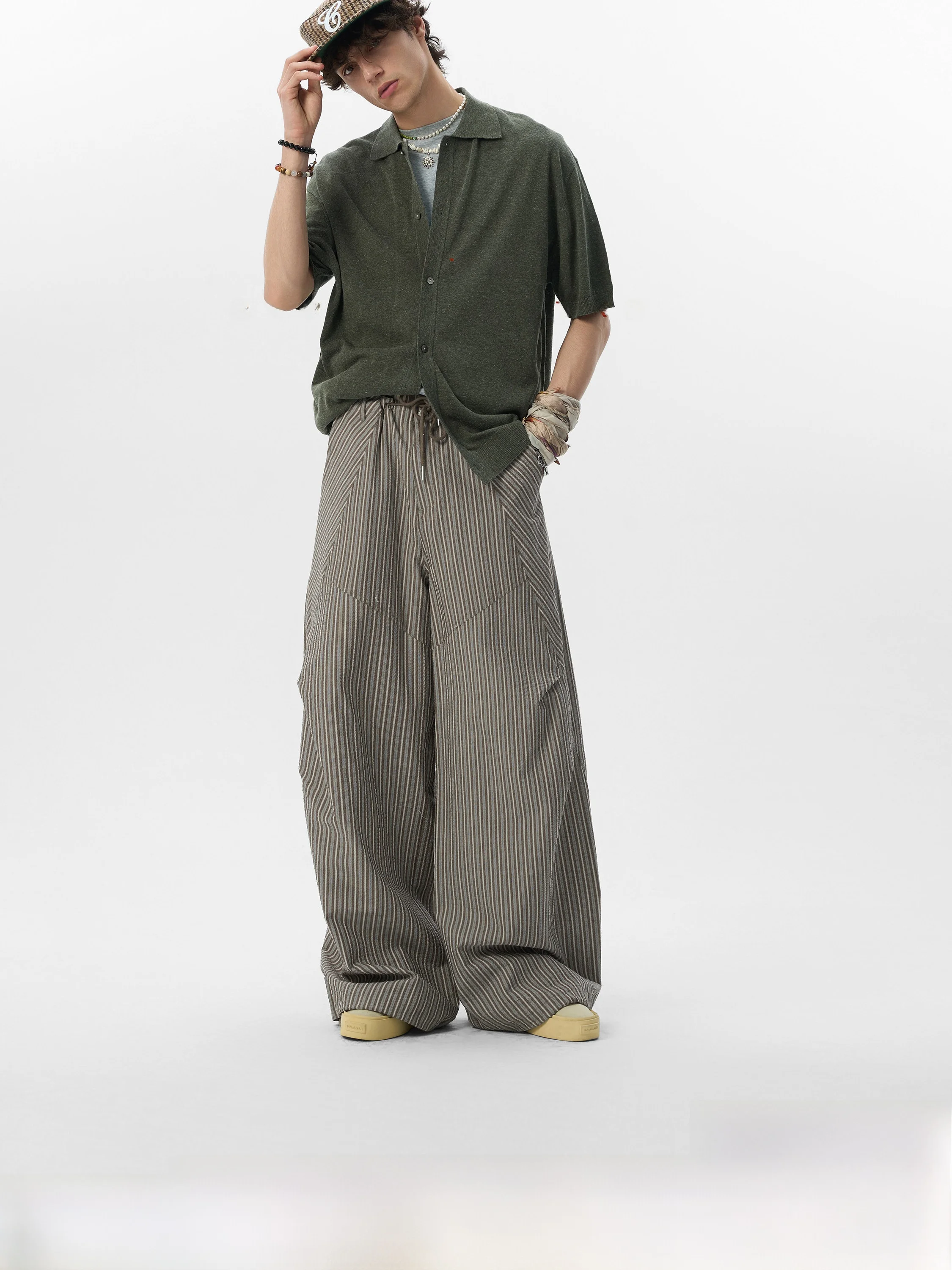 

JHYQ American Retro Striped Work Pants Men Loose Lazy Wide Leg Pants Haome High Waist Straight Leg Long Pants Casual Trousers