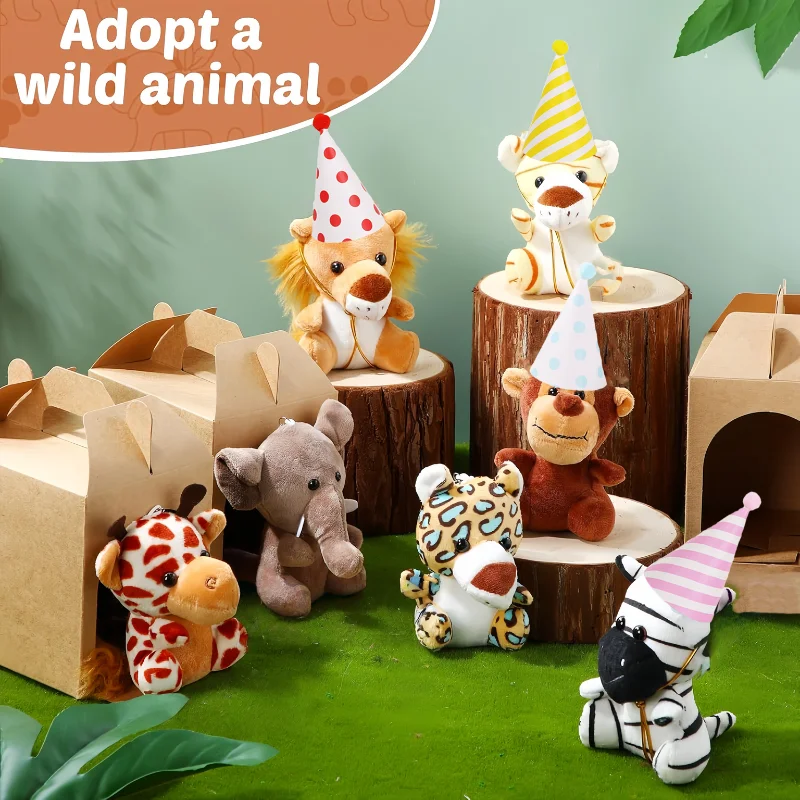 12-20PCS Mini Safari Stuffed Animals Jungle Animal Plush Toys Set with Birthday Hats Paper Boxes for Party Favors Baby Shower