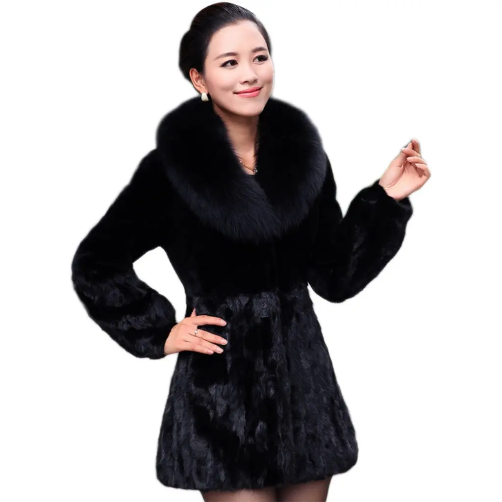 

Women's Hooded Fur Coat Long Haining Fox Fur Collar Winter Outerwear Elegant Leather Jacket plus Size Available