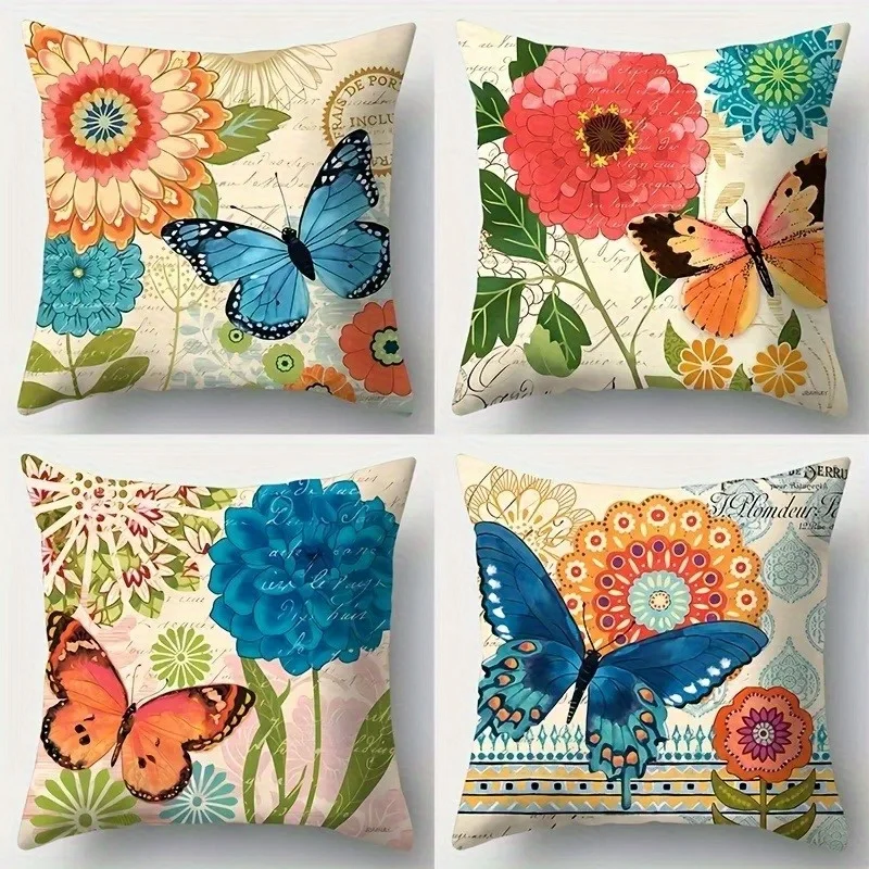 

Home Decor Colorful Butterflies & Flowers Printed Pillow Pattern Cushion Cover Suitable for Sofa Bedroom Car Pillow Cover