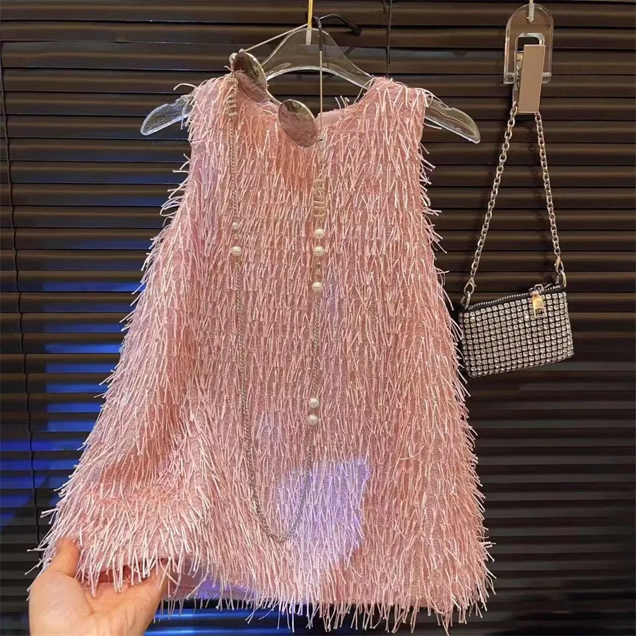 Dress New Summer Princess Tassels Girls Round Neck Vest Skirt Birthday Causal 2024 Fashion Round Collar Pink Sleevelss