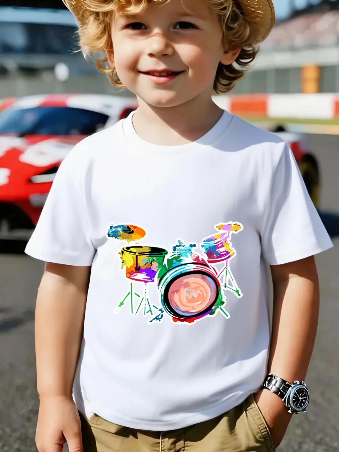 Color Splash Drum Kit Music Graphic Family Matching T Shirt Boys Girls Short Sleeve Summer Crew Neck Parent Child Casual Tops