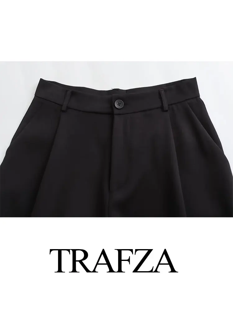 TRAFZA 2024 Woman Solid Trouser High Waist Zipper Straight Long Pants Commute Office Lady Pocket Casual Women\'s Wide Leg Pant