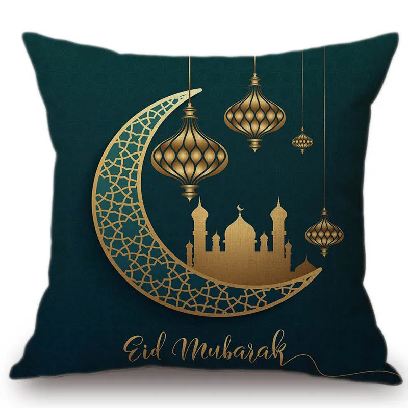 Eid Mubarak Home Decorative Sofa Cushion Muslim Mosque Crescent Gold New Moon Cotton Linen Chair Seat Throw Pillow 45x45cm