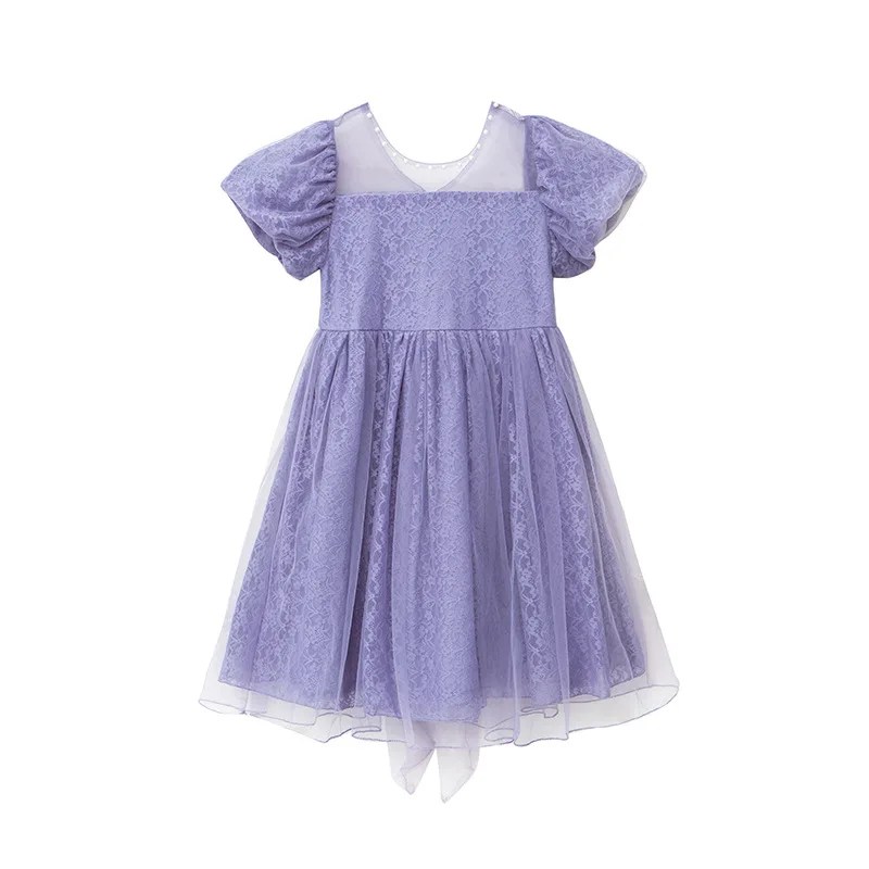 2023 korea Summer teens kids purple Girls clothes pearl Dress bow mesh lace princess shoulderless Bubble dresses 5 8 10 12 year