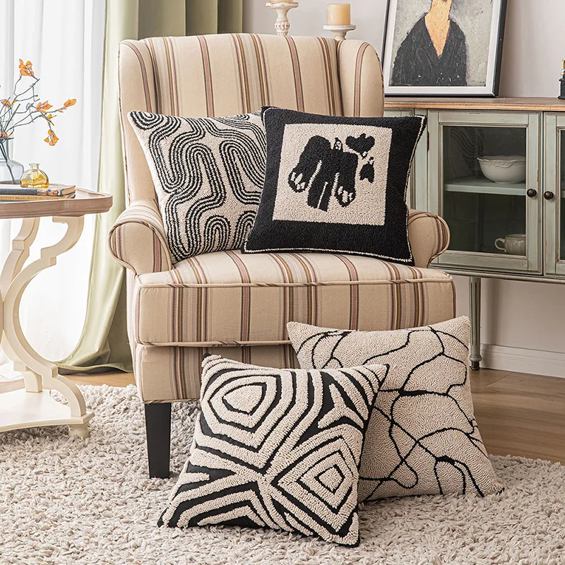 

New Geometric Abstract Embroidered Cushion Cover Modern Beige Black Fully Tufted Pillowcase Home Decorative Pillows for Sofa