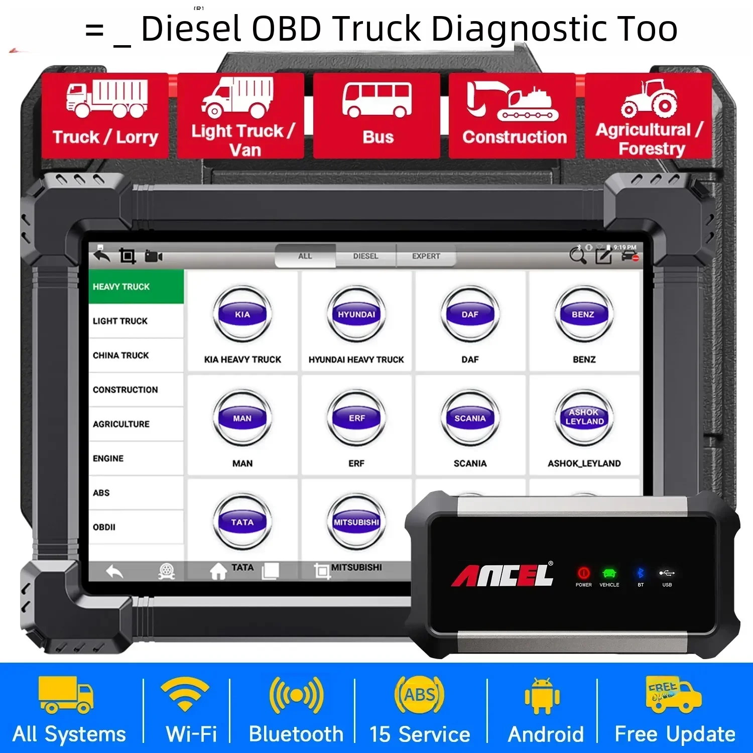 

ANCEL X7 HD Diesel Heavy Duty Truck Scanner Bi-directional Test ECU Coding All System DPF Regen 15 Reset OBD2 Diagnostic Tools