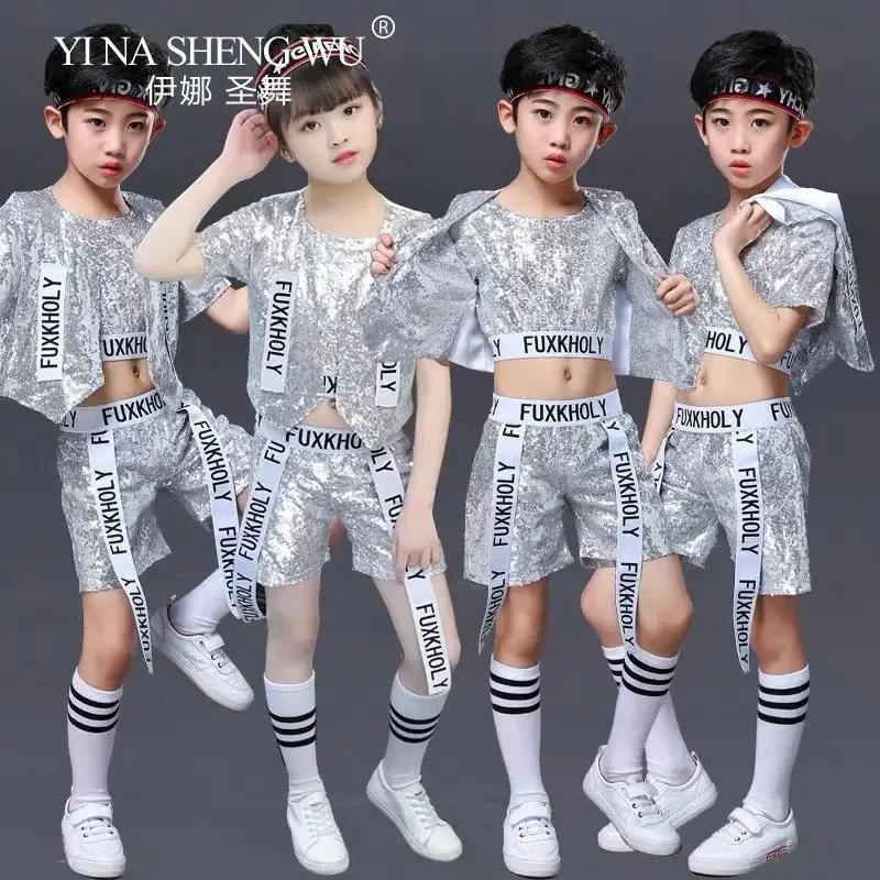 

Детский комплект для танцев с пайетками: топ и шорты, костюм для хип-хопа, джаза, уличных танцев для мальчиков и девочек, сценический костюм для выступлений