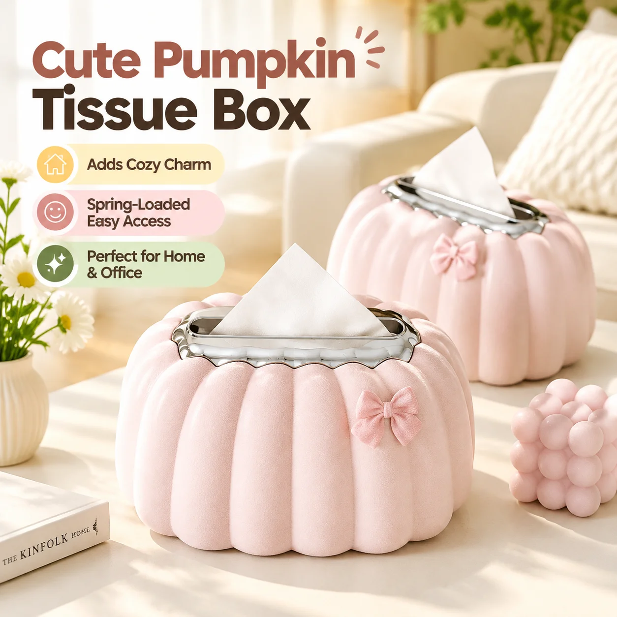 Flocked Pumpkin Spring-Loaded Tissue Box, Cream Aesthetic Cute Decor for Living Room Bedroom Office