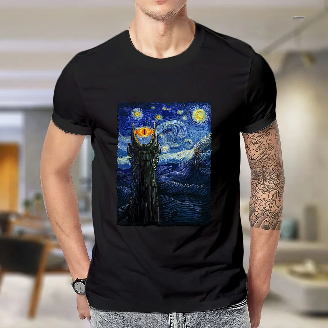 Vincent Van Gogh The Starry Night with Middle Earth Sauron Tower Printed  man T-shirt Streetwear ClassicVintage Men T Shirt