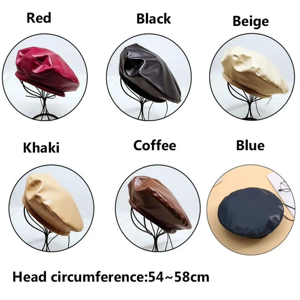 Fashion Female Ladies All-Match Beret Cap PU Leather Berets French Artist Hat Adjustable Hat