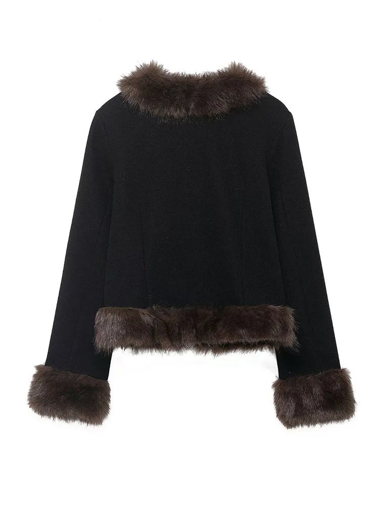 

HH Female High Street Warm Short Jackets Solid Fur Collar Decoration V-Neck Long Sleeves Women's Winter New Fashion Slim Coats