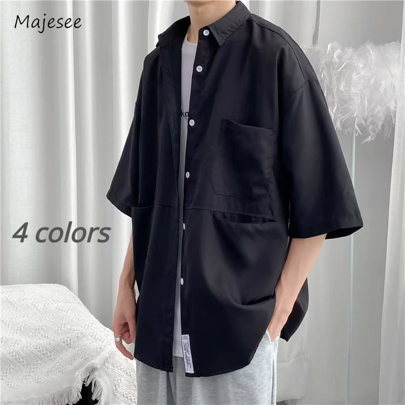 M-3XL Shirts Men Solid Color Chic Safari Style Japanese Pockets Design Summer Hip Hop All-match Half Sleeve Tops Handsome Males