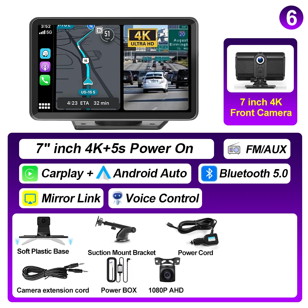 XIMA 7'' 4K Dash Cam Car Mirror Video Player Wireless Carplay Android Auto GPS Car Monitor Multimedia Rearview Camera Dashboard image 3