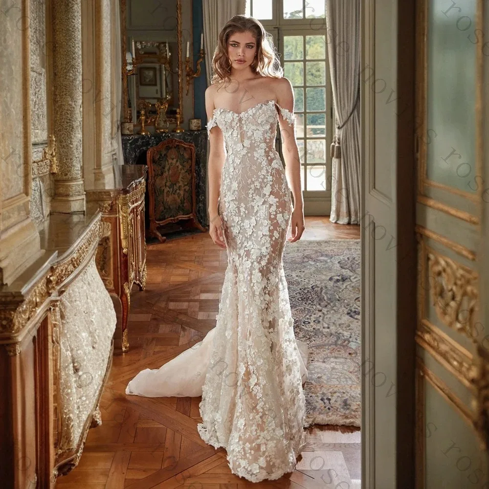 Customized Off-the-Shoulder Sheer Mermaid Wedding Dress Full 3D Floral Lace Appliques Slim Fit Court Romantic Garden Bridal Gown