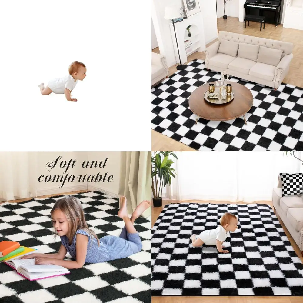 

Роскошный черно-белый лохматый ковер в клетку длиной 6x9 футов — мягкий, пушистый, противоскользящий для гостиных и спален