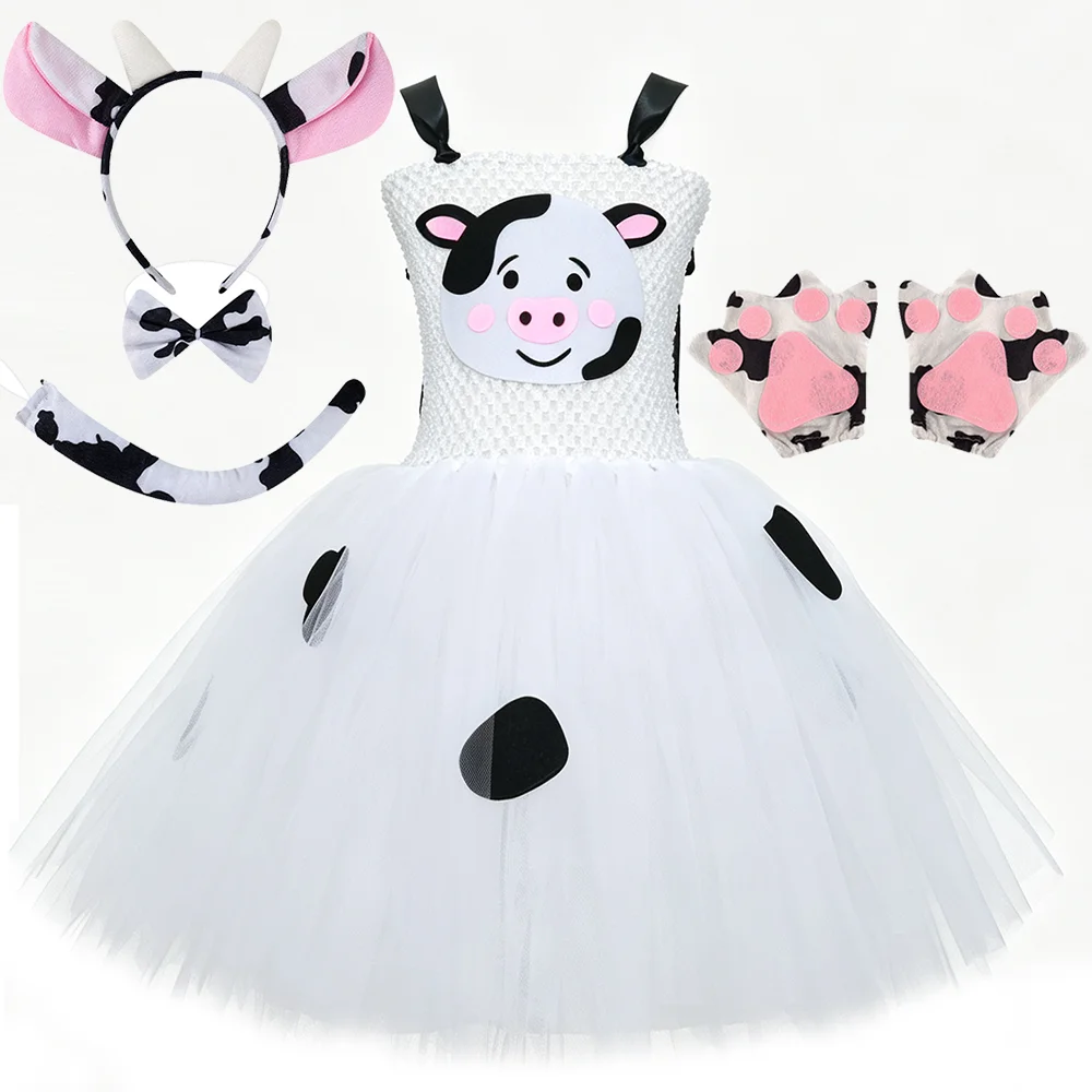 Baby Girls Cow Animal Tutu Dress Kids Farm Cow Costume with Ears Bow Tail Set for Children Halloween Birthday Party Fancy Outfit
