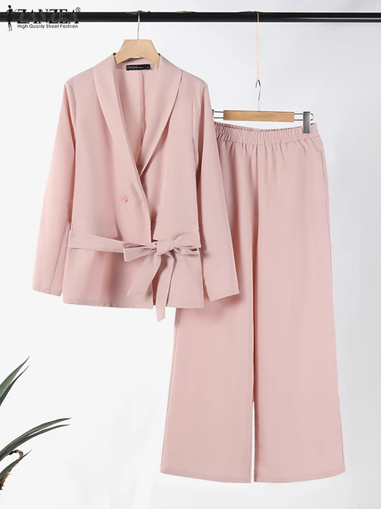 ZANZEA Belted Blazer Women 2pcs Outfits Office Lady Autumn Korean Fashion Elegant 2-Piece Sets Elastic Waist Trouser Pant Suits