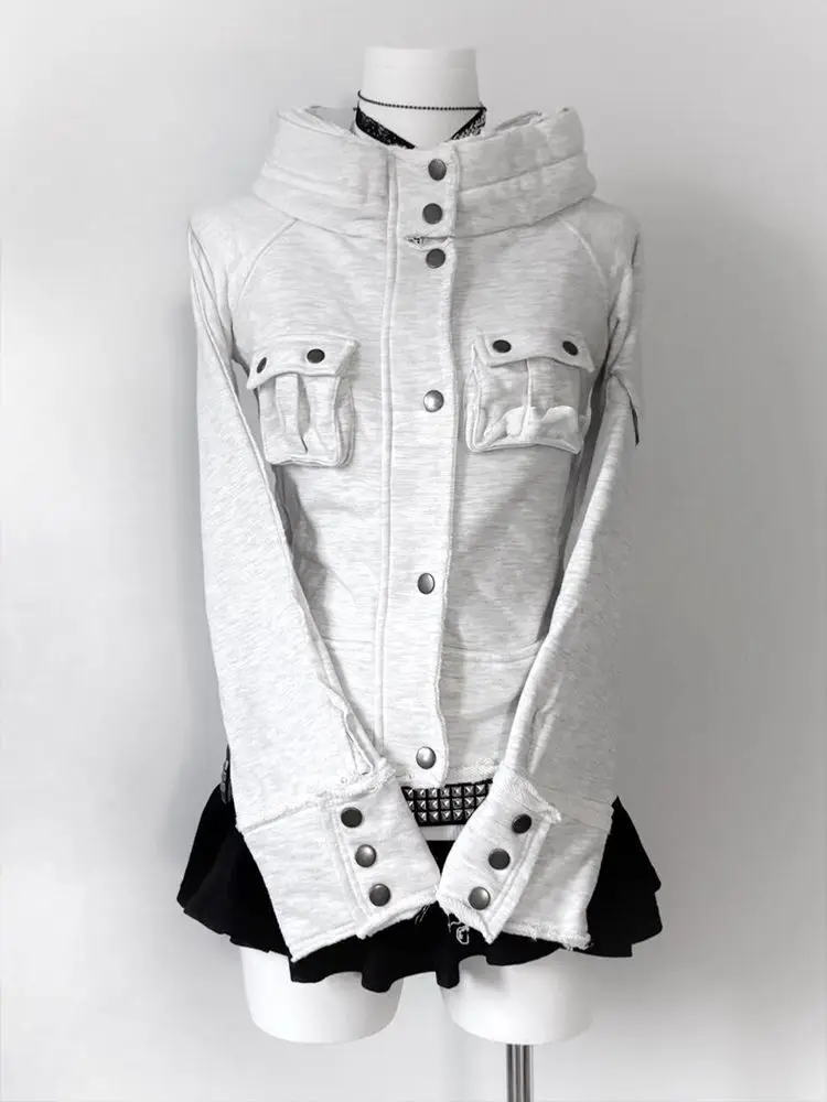 

2026 весенние панк-американские винтажные тонкие куртки сафари с капюшоном, женские повседневные пальто в стиле ретро, готические теплые топы на пуговицах, элегантные с капюшоном