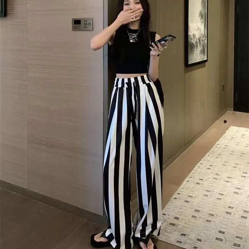 2023 Women's Clothing Sweet Elastic Waist Loose Simplicity Comfortable Striped Spring Summer Thin Fashion Casual Wide Leg Pants