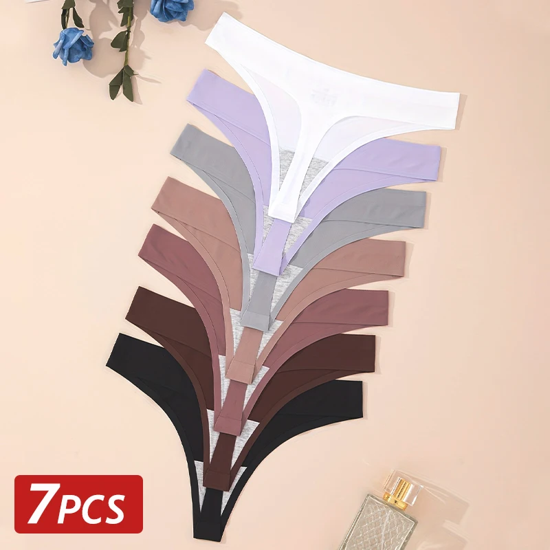 7PCS/Set Ice Silk Seamless Women G-String Panties Sexy Low-Waist Thongs T-Back Female Solid Color Soft Underwear Utral-Thin Pant
