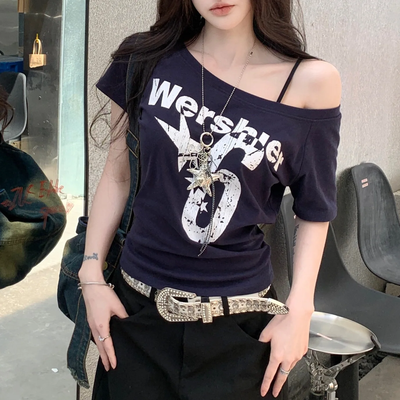 1pcs Summer Women Basic Model Letter Print T-Shirt Lady Short-Sleeved Skew Collar t-Shirt Female Street Style Sexy Slim Fit Tee image 2