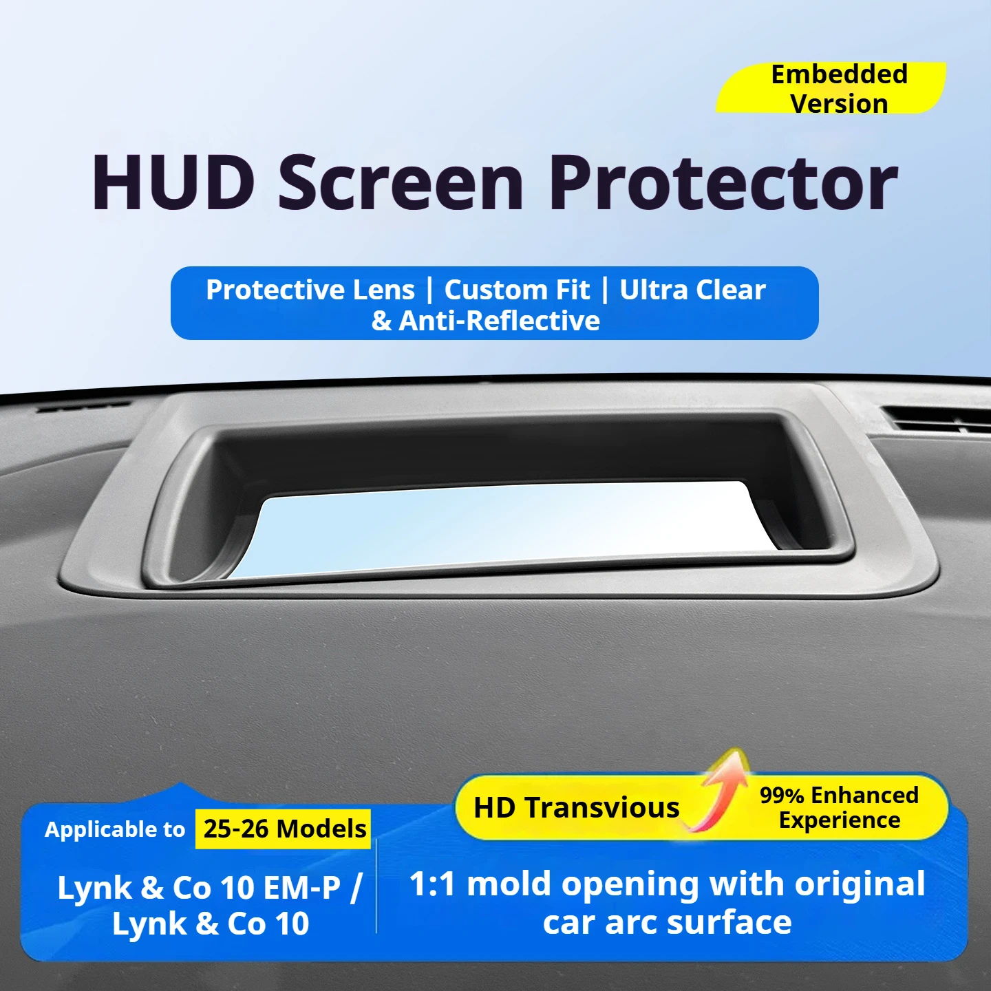 For Lynk & Co 10 EM-P 2025-2026 Curved Inset HUD Display Cover 1:1 Molded Cloth Lining No Mirroring Car Trim