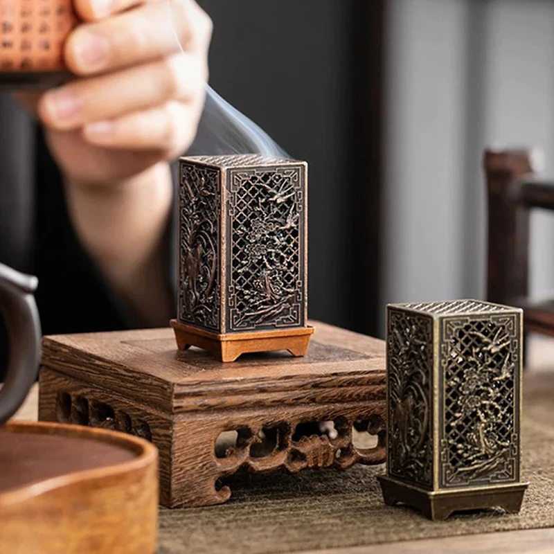 (Ce14)Alloy Censer Incense Holder Square Cylinder Vertical Incense Burner Aromatherapy Home Ornament Chinese Inense Burner