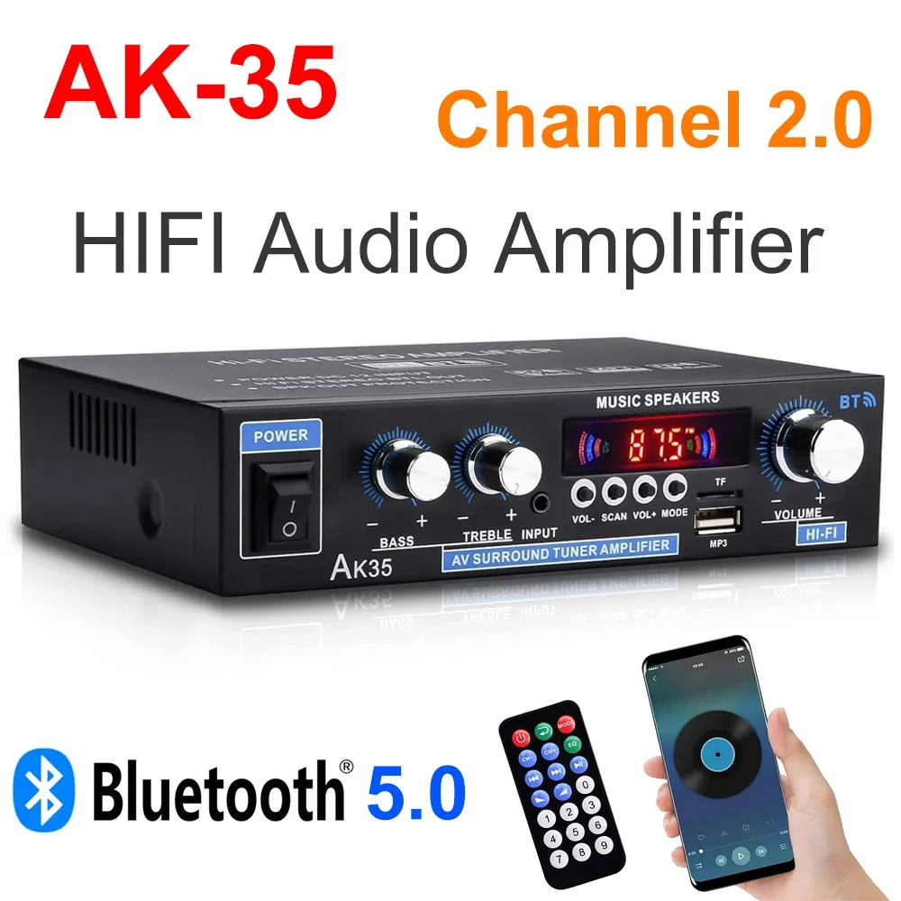 

Home Power Amplifier CH 2.0 Bluetooth Bass Amp AK35 HIFI Digital Audio Amplifiers FM USB Remote 100-240V 12V