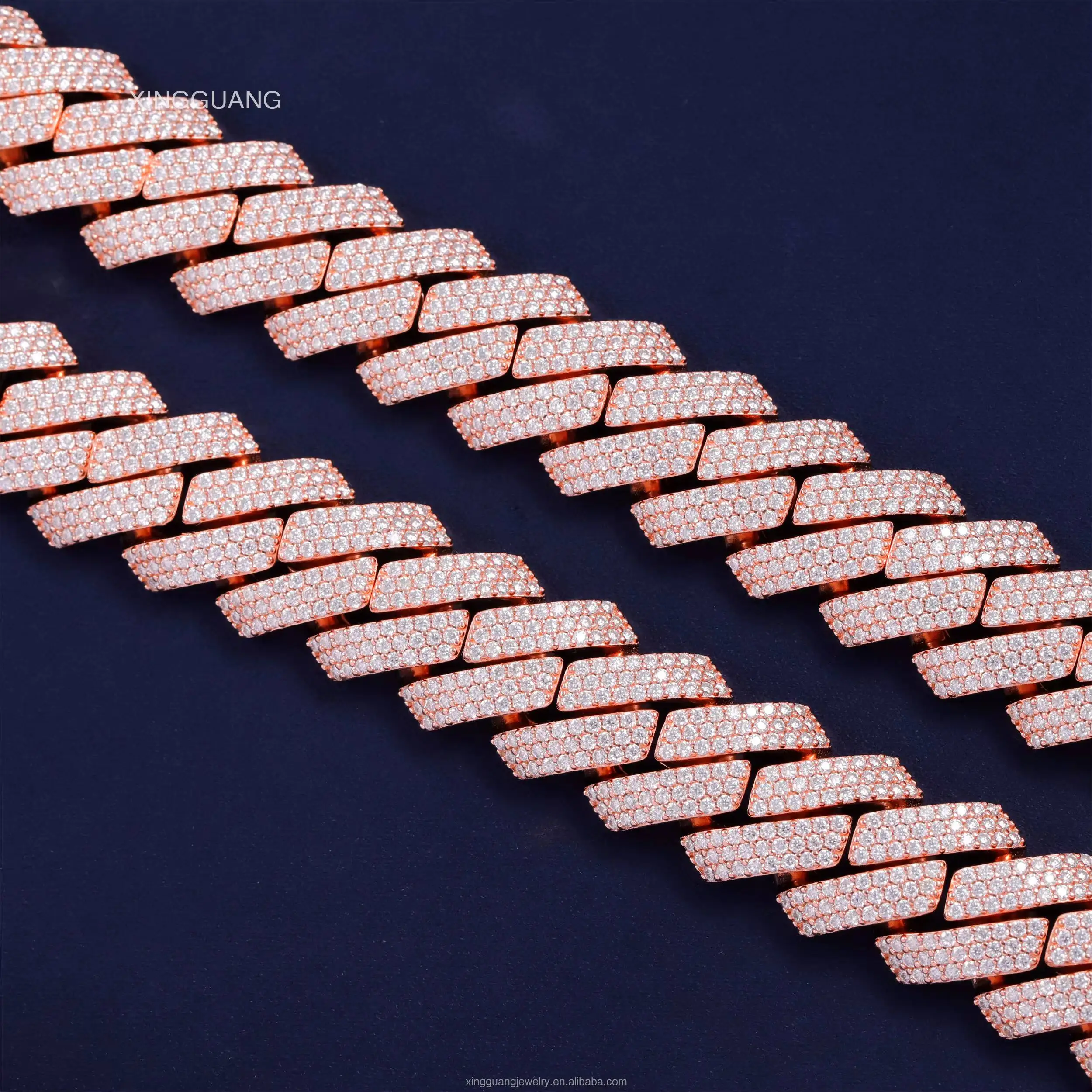 Luxury Factory Price 20mm Rose Gold Plated 3rows Cuban Chain S925 Silver With VVS Round Moissanite Hip Hop Necklace Cuban Link C