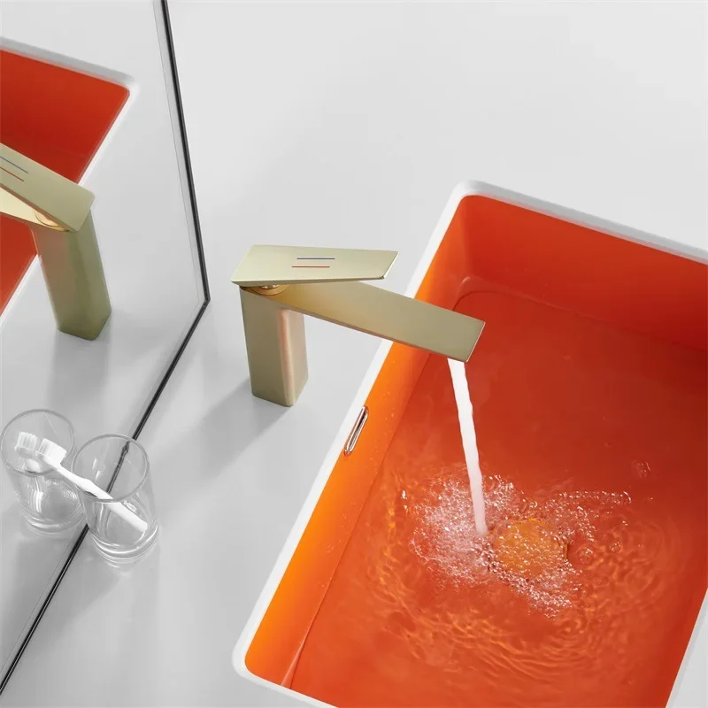 

Bathroom Sink Faucet Creative Design Brushed Gold Cold And Hot Solid Brass Single Lever Mixer
