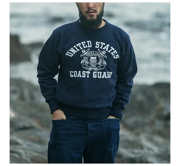 Bronson Coast Guard Graphic Sweatshirt Reverse Weave Heavyweight Men's Pullover Dark Blue