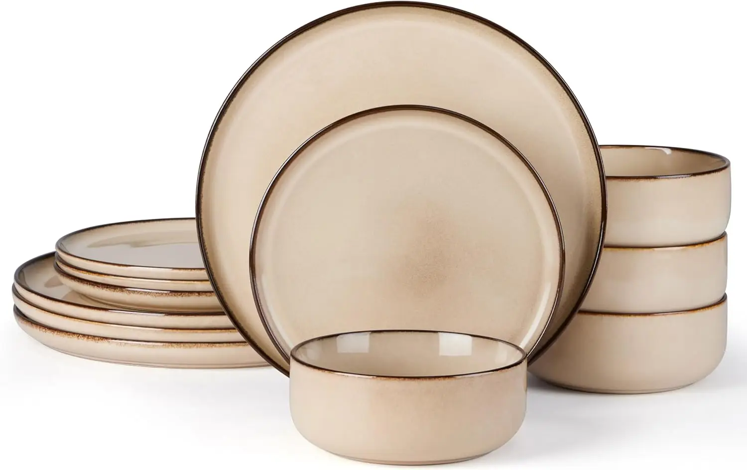 

12-Piece Stoneware Dinnerware Set for 4, Reactive Glaze Ceramic Plates and Bowls, Microwave & Dishwasher Safe in Sandy Beige