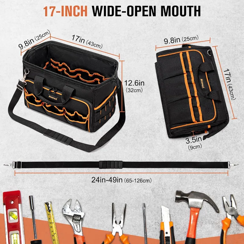 Heavy Duty Multi-pocket Foldable Tool Bag, Wide Opening Hardware Storage Organizer Pouch