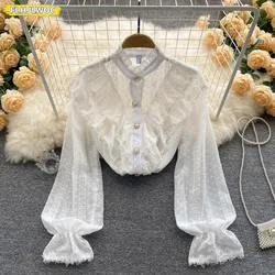 2025 Spring Basic Shirts Blouses Women Fashion Long Sleeve Elegant Office Lady Work Solid White Lace Ruffled Chic Tops Blusas