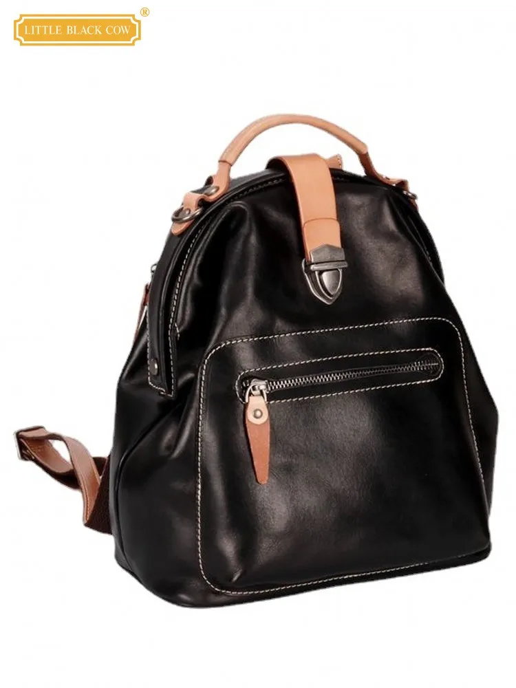 

Women Fashion Italian Cowhide Genuine Leather Backpack Outside Casual Travel Double Shoulder Bag Vintage Teenager Girl Schoolbag