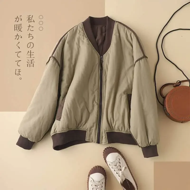 

Quilted Coats for Women Round Neck Cotton-padded Cropped Baseball Jackets Solid Long Sleeved Loose Casual Vintage Women Clothing