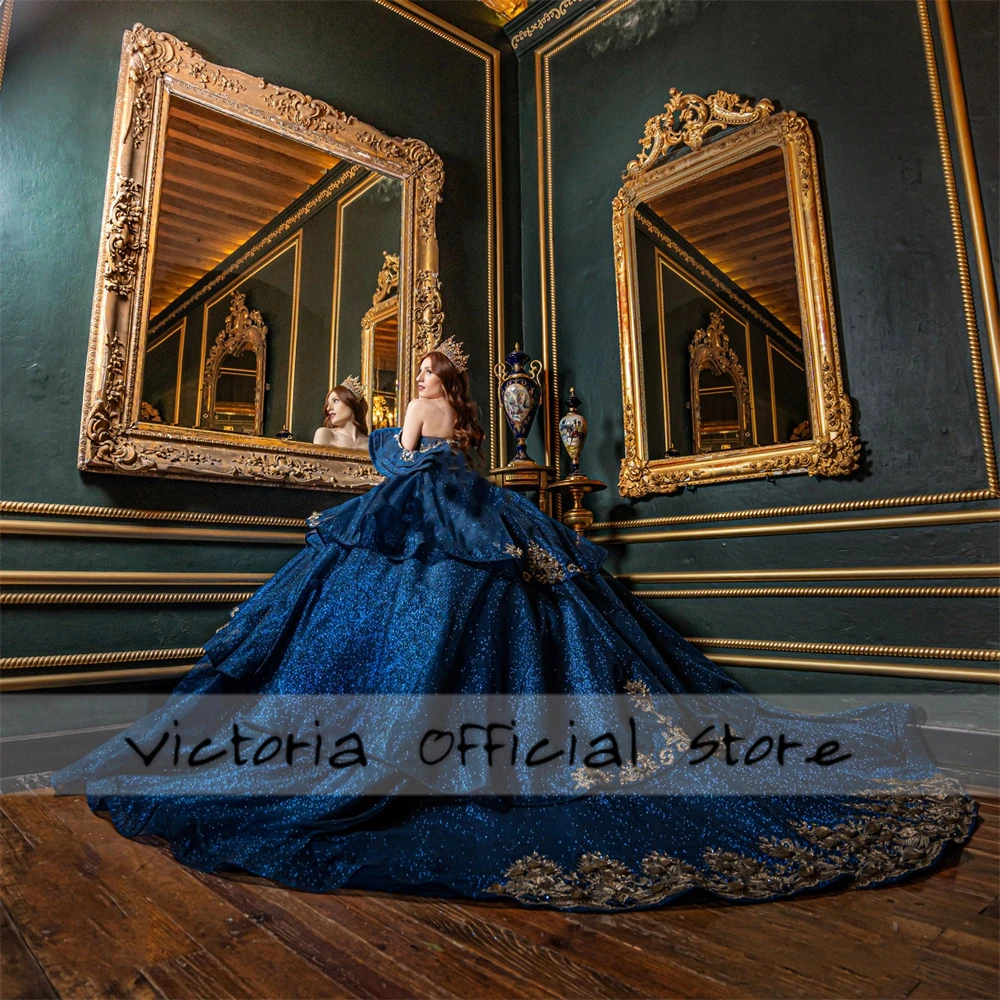 Amazing Dark Blue Princess Quinceanera Dresses 2025 Beads Ruffles Gold Applique Ball Gown Mexican vestidos de 15 años Customized