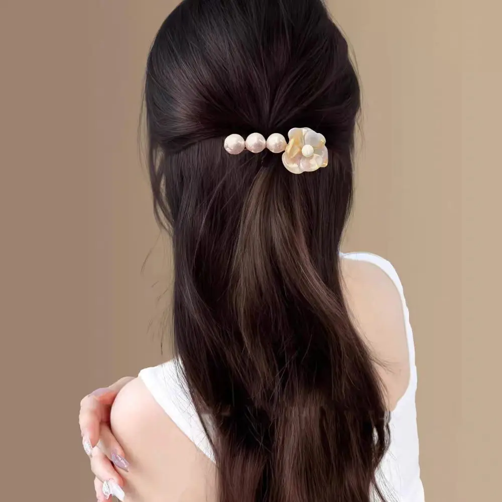 

Lovely Korean Style Camellia Pearl Side Clip Acetate Barrette Flower Hair Clip Elegant Sweet Duckbill Clip Daily