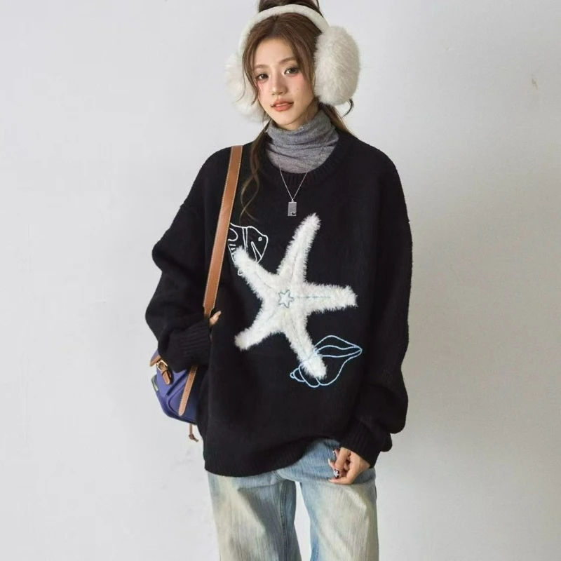 موضة جديدة الطباعة تنوعا متماسكة سترة المرأة 2026 الخريف/الشتاء فضفاضة كسول نمط سترة دافئة متماسكة البلوز قاعدة طبقة #3