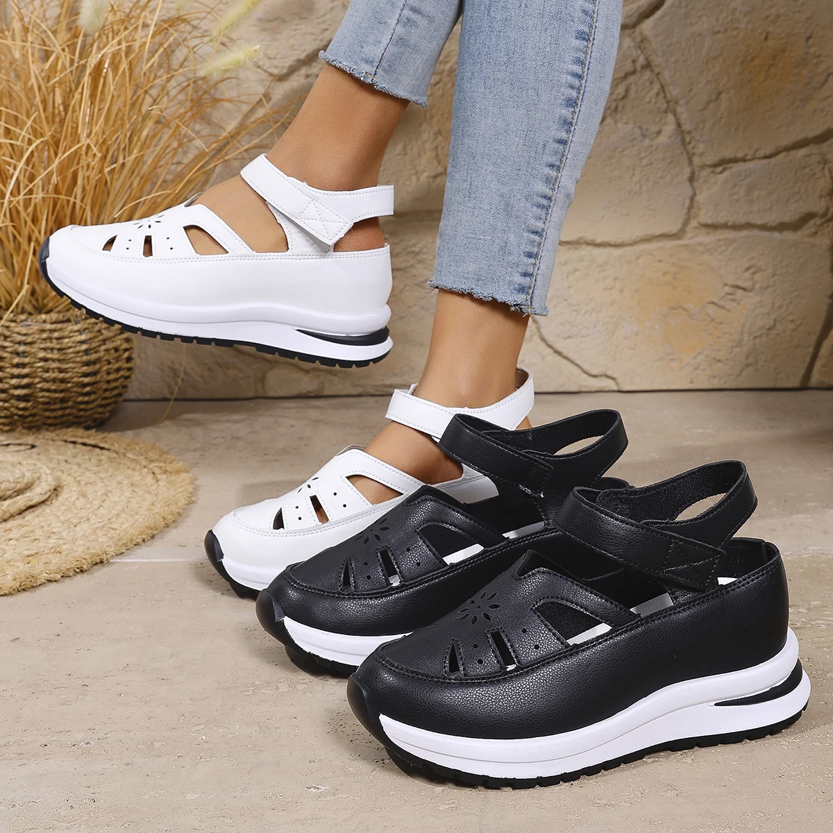 Women Sandals High Quality Buckle Strap Sandals Women New Closed Toe Office Career Sandals Summer Solid Wedge Shoes for Women