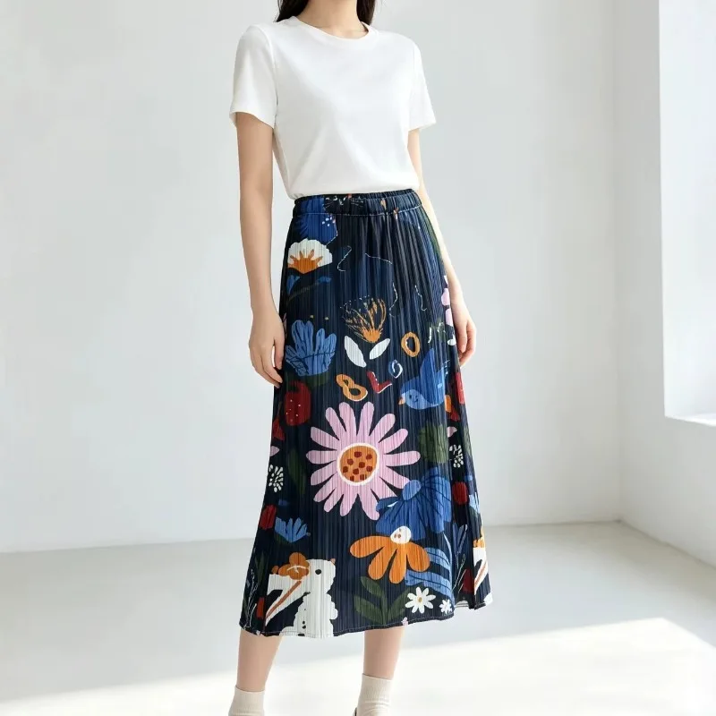 Miyake Pleated Printed Skirt 2026 Summer New Fold Jupe Personality Print Straight Slimming Casual Elegant Versatile Pleats Skirt