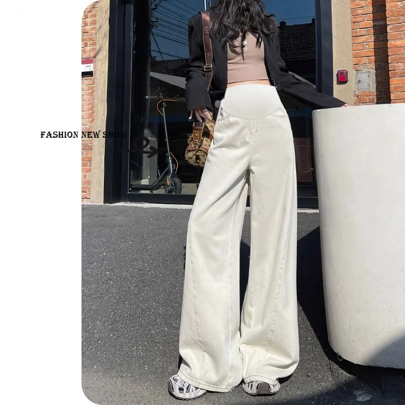25SS الربيع الصيف الكورية موضة أبيض رمادي رقيقة الدينيم الجينز الأمومة واسعة الساق فضفاضة مستقيم السراويل الطويلة للنساء الحوامل