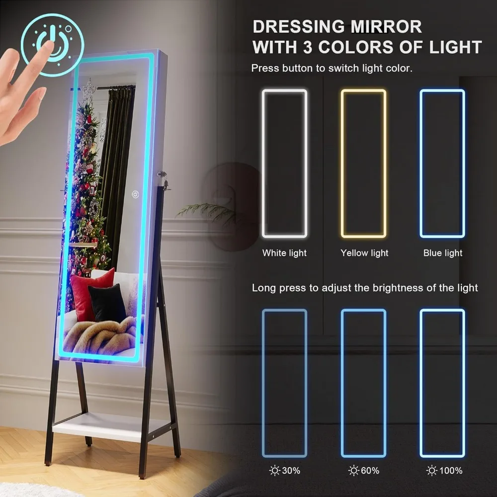 LED Mirror Jewelry Cabinet Organizador de Armário de Jóias Bloqueável Espelho de Corpo Inteiro com Armazenamento Luzes ajustáveis