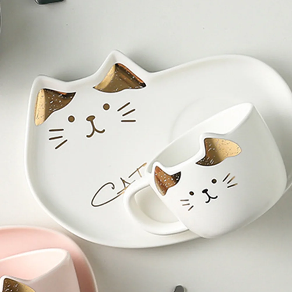 

1Set Elegant Gold Accented Ceramic Mug Set with Saucer Cat Art Design for Hot Chocolate Milk Coffee Home Decor Gift
