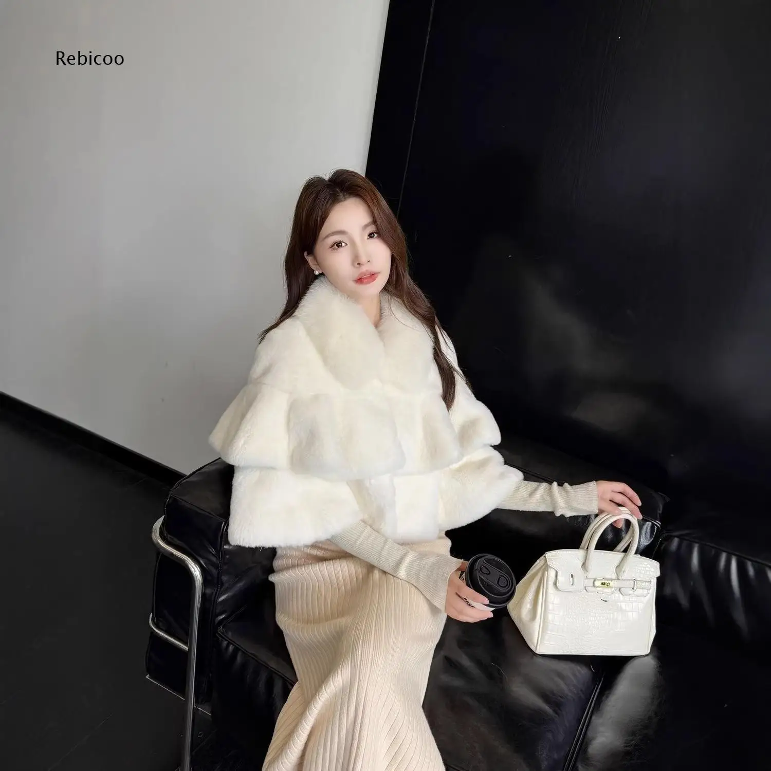 Women Elegant Faux Fur Cropped Cape Shawl Long Sleeve Thick Plush Solid White Loose Design Winter Dating Casual Outer Coat